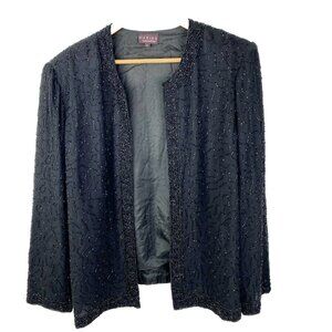 MARINA BRESLER Blazer Jacket Plus Size 1X Black Beaded One Hook Cardigan Party